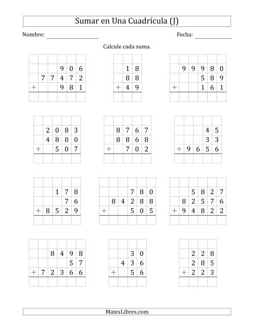 La hoja de ejercicios de Sumar Tres Números de Varios Dígitos en Una Cuadrícula (J)