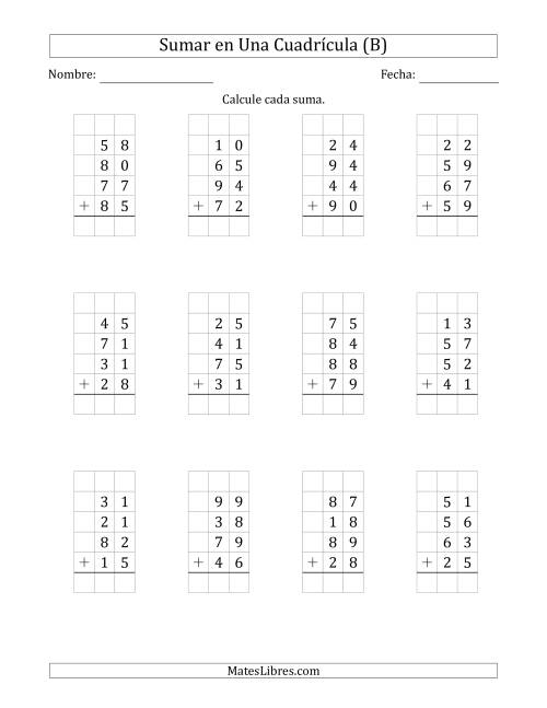 La hoja de ejercicios de Sumar Cuatro Números de Dos Dígitos en Una Cuadrícula (B)