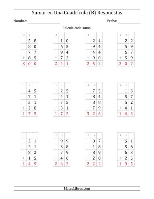 La hoja de ejercicios de Sumar Cuatro Números de Dos Dígitos en Una Cuadrícula (B) Página 2