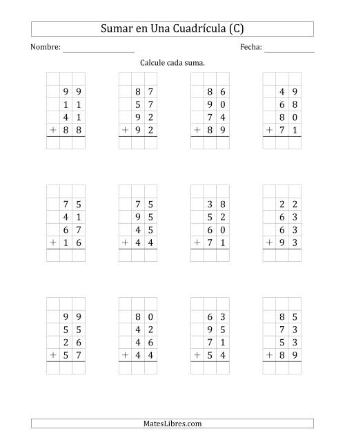 La hoja de ejercicios de Sumar Cuatro Números de Dos Dígitos en Una Cuadrícula (C)
