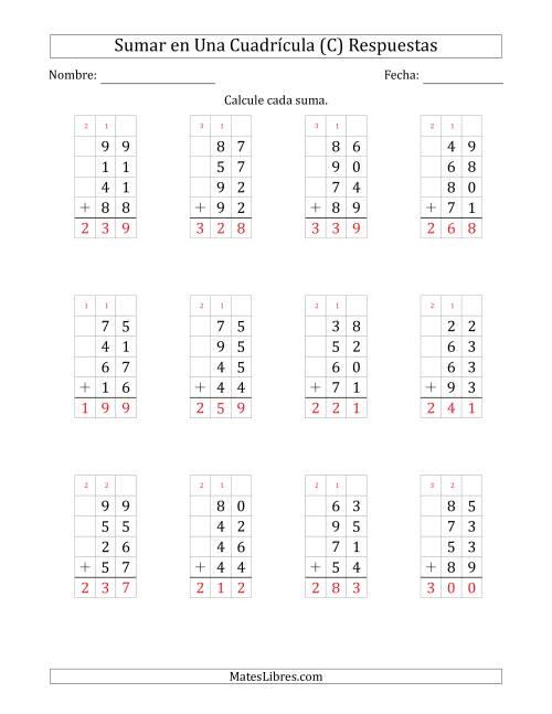 La hoja de ejercicios de Sumar Cuatro Números de Dos Dígitos en Una Cuadrícula (C) Página 2