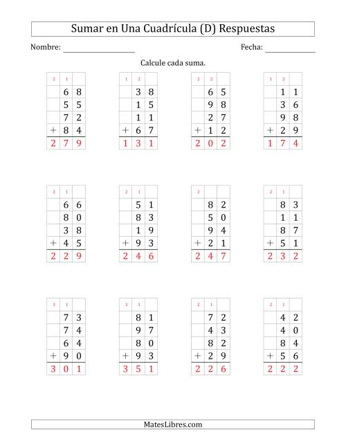 La hoja de ejercicios de Sumar Cuatro Números de Dos Dígitos en Una Cuadrícula (D) Página 2
