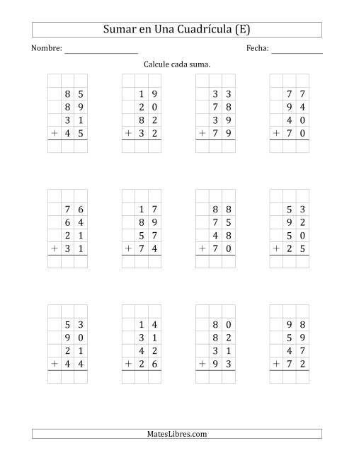 La hoja de ejercicios de Sumar Cuatro Números de Dos Dígitos en Una Cuadrícula (E)