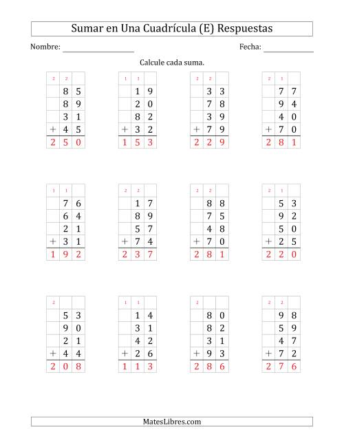 La hoja de ejercicios de Sumar Cuatro Números de Dos Dígitos en Una Cuadrícula (E) Página 2