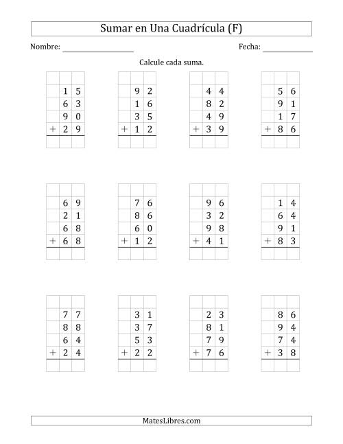 La hoja de ejercicios de Sumar Cuatro Números de Dos Dígitos en Una Cuadrícula (F)