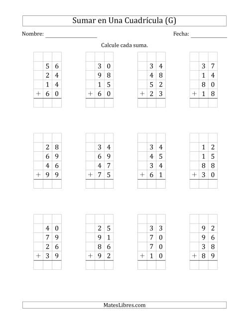 La hoja de ejercicios de Sumar Cuatro Números de Dos Dígitos en Una Cuadrícula (G)