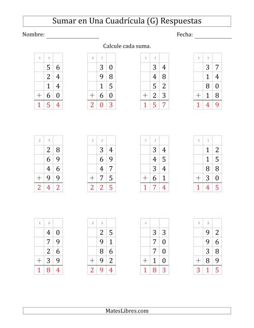 La hoja de ejercicios de Sumar Cuatro Números de Dos Dígitos en Una Cuadrícula (G) Página 2