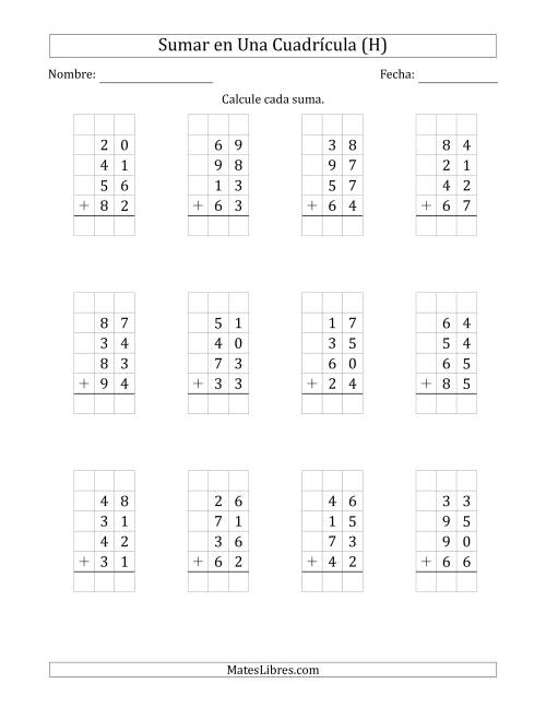 La hoja de ejercicios de Sumar Cuatro Números de Dos Dígitos en Una Cuadrícula (H)