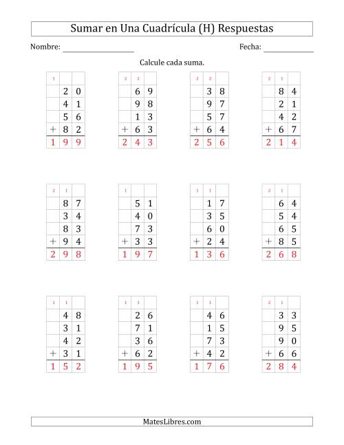 La hoja de ejercicios de Sumar Cuatro Números de Dos Dígitos en Una Cuadrícula (H) Página 2