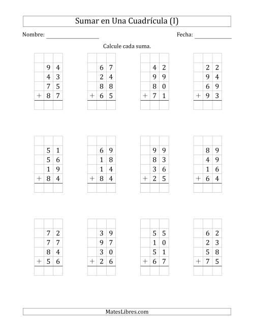 La hoja de ejercicios de Sumar Cuatro Números de Dos Dígitos en Una Cuadrícula (I)