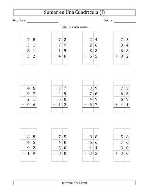 La hoja de ejercicios de Sumar Cuatro Números de Dos Dígitos en Una Cuadrícula (J)
