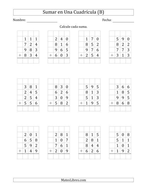 La hoja de ejercicios de Sumar Cuatro Números de Tres Dígitos en Una Cuadrícula (B)