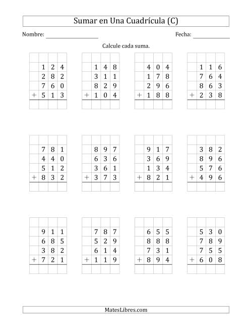 La hoja de ejercicios de Sumar Cuatro Números de Tres Dígitos en Una Cuadrícula (C)