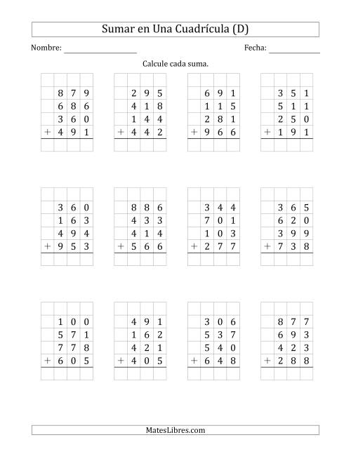 La hoja de ejercicios de Sumar Cuatro Números de Tres Dígitos en Una Cuadrícula (D)