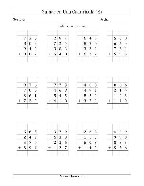 La hoja de ejercicios de Sumar Cuatro Números de Tres Dígitos en Una Cuadrícula (E)