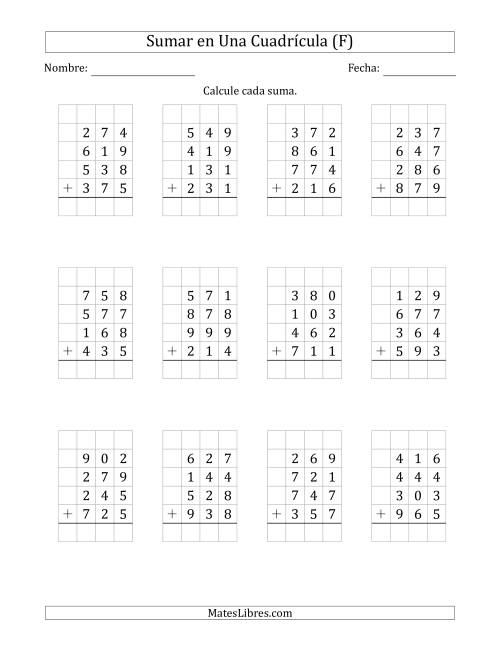 La hoja de ejercicios de Sumar Cuatro Números de Tres Dígitos en Una Cuadrícula (F)
