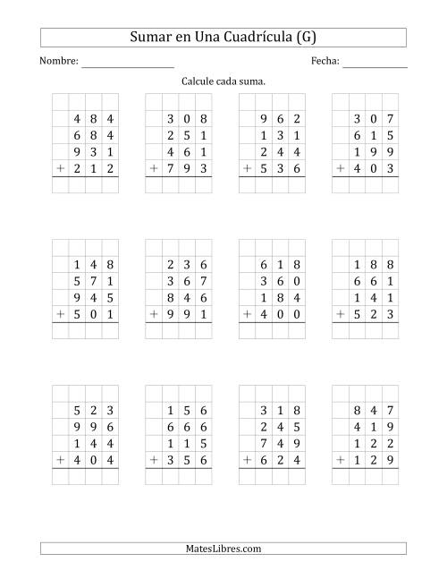 La hoja de ejercicios de Sumar Cuatro Números de Tres Dígitos en Una Cuadrícula (G)