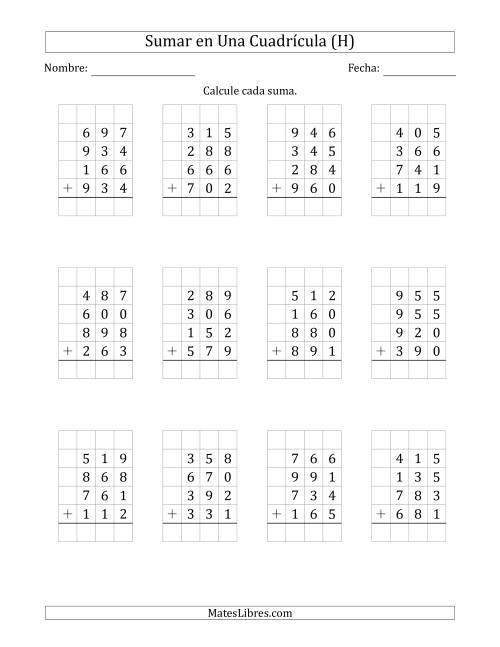La hoja de ejercicios de Sumar Cuatro Números de Tres Dígitos en Una Cuadrícula (H)