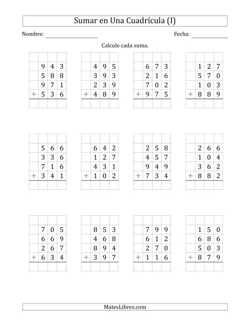 La hoja de ejercicios de Sumar Cuatro Números de Tres Dígitos en Una Cuadrícula (I)