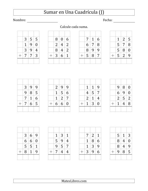 La hoja de ejercicios de Sumar Cuatro Números de Tres Dígitos en Una Cuadrícula (J)