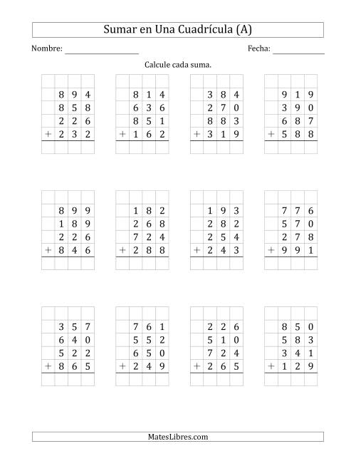 La hoja de ejercicios de Sumar Cuatro Números de Tres Dígitos en Una Cuadrícula (Todas)