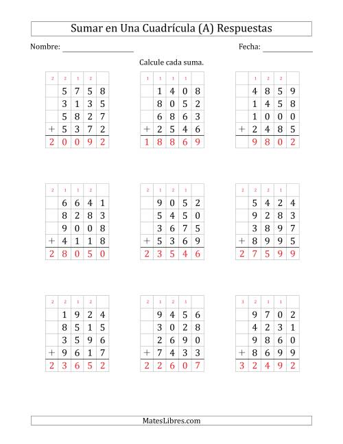 La hoja de ejercicios de Sumar Cuatro Números de Cuatro Dígitos en Una Cuadrícula (A) Página 2