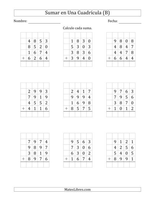 La hoja de ejercicios de Sumar Cuatro Números de Cuatro Dígitos en Una Cuadrícula (B)