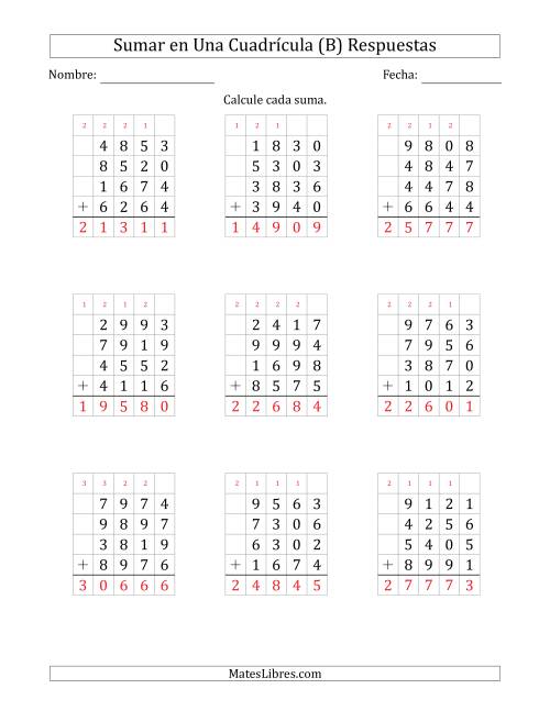 La hoja de ejercicios de Sumar Cuatro Números de Cuatro Dígitos en Una Cuadrícula (B) Página 2