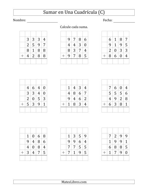 La hoja de ejercicios de Sumar Cuatro Números de Cuatro Dígitos en Una Cuadrícula (C)