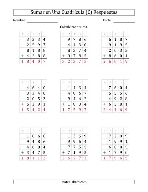 La hoja de ejercicios de Sumar Cuatro Números de Cuatro Dígitos en Una Cuadrícula (C) Página 2