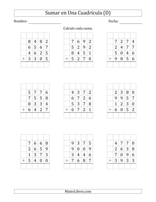 La hoja de ejercicios de Sumar Cuatro Números de Cuatro Dígitos en Una Cuadrícula (D)