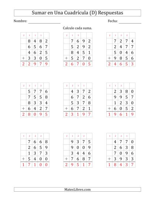 La hoja de ejercicios de Sumar Cuatro Números de Cuatro Dígitos en Una Cuadrícula (D) Página 2