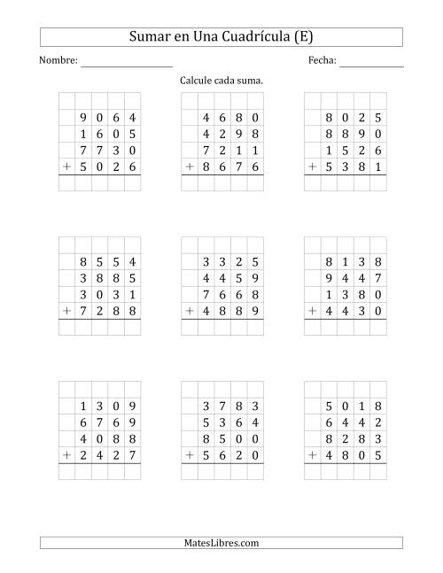 La hoja de ejercicios de Sumar Cuatro Números de Cuatro Dígitos en Una Cuadrícula (E)
