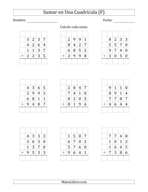 La hoja de ejercicios de Sumar Cuatro Números de Cuatro Dígitos en Una Cuadrícula (F)