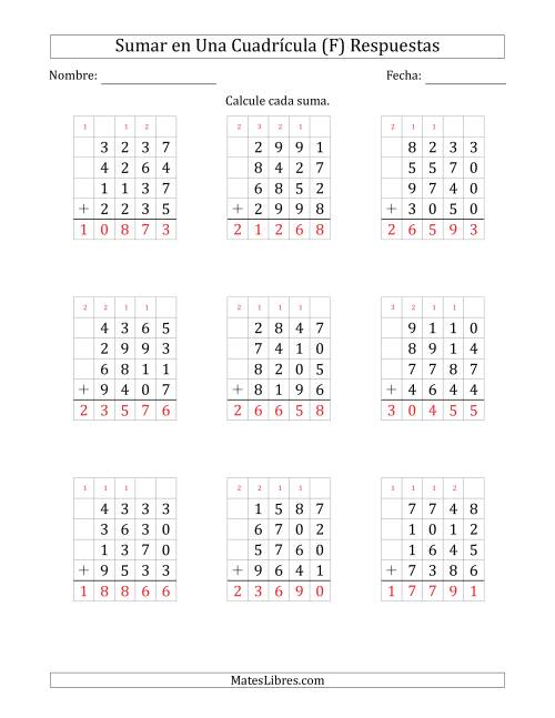 La hoja de ejercicios de Sumar Cuatro Números de Cuatro Dígitos en Una Cuadrícula (F) Página 2