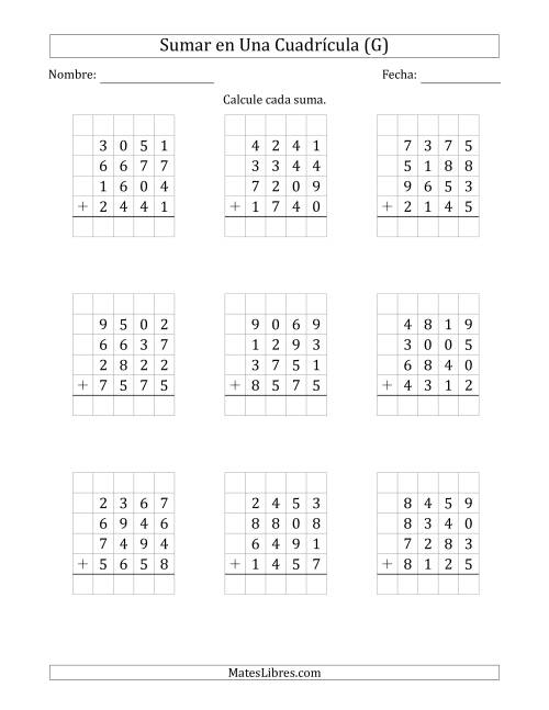 La hoja de ejercicios de Sumar Cuatro Números de Cuatro Dígitos en Una Cuadrícula (G)