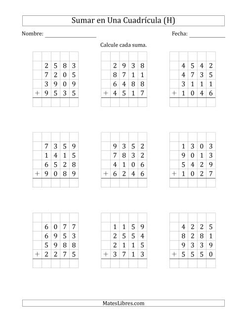 La hoja de ejercicios de Sumar Cuatro Números de Cuatro Dígitos en Una Cuadrícula (H)