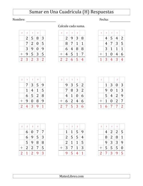 La hoja de ejercicios de Sumar Cuatro Números de Cuatro Dígitos en Una Cuadrícula (H) Página 2