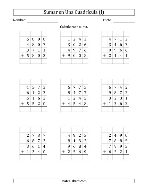 La hoja de ejercicios de Sumar Cuatro Números de Cuatro Dígitos en Una Cuadrícula (I)