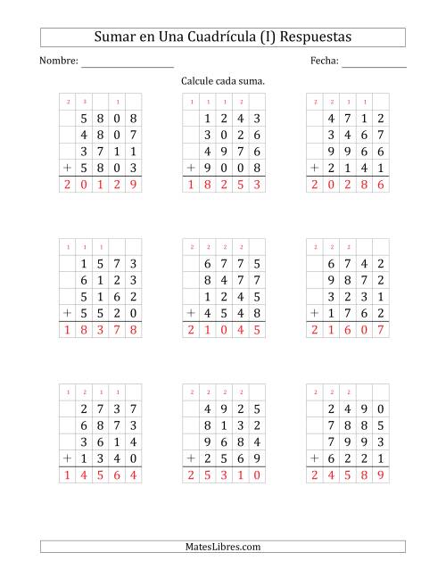 La hoja de ejercicios de Sumar Cuatro Números de Cuatro Dígitos en Una Cuadrícula (I) Página 2