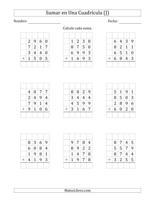 La hoja de ejercicios de Sumar Cuatro Números de Cuatro Dígitos en Una Cuadrícula (J)