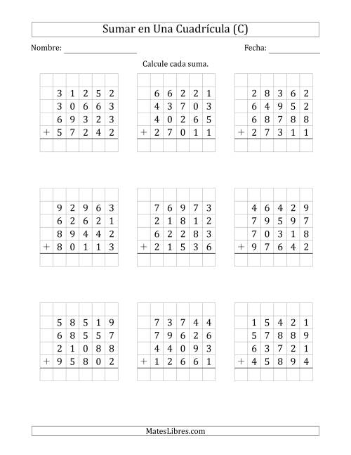La hoja de ejercicios de Sumar Cuatro Números de Cinco Dígitos en Una Cuadrícula (C)