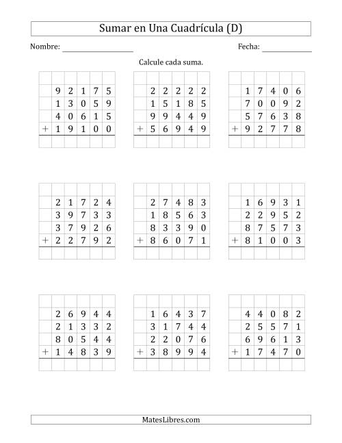 La hoja de ejercicios de Sumar Cuatro Números de Cinco Dígitos en Una Cuadrícula (D)