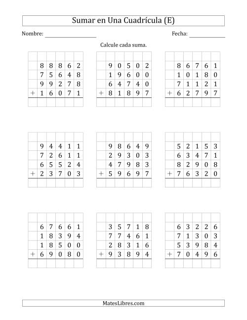 La hoja de ejercicios de Sumar Cuatro Números de Cinco Dígitos en Una Cuadrícula (E)