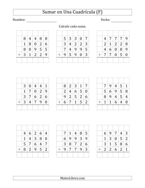 La hoja de ejercicios de Sumar Cuatro Números de Cinco Dígitos en Una Cuadrícula (F)