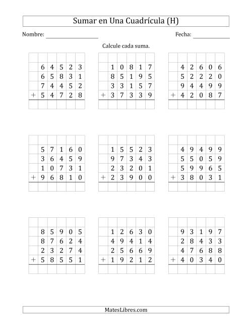 La hoja de ejercicios de Sumar Cuatro Números de Cinco Dígitos en Una Cuadrícula (H)