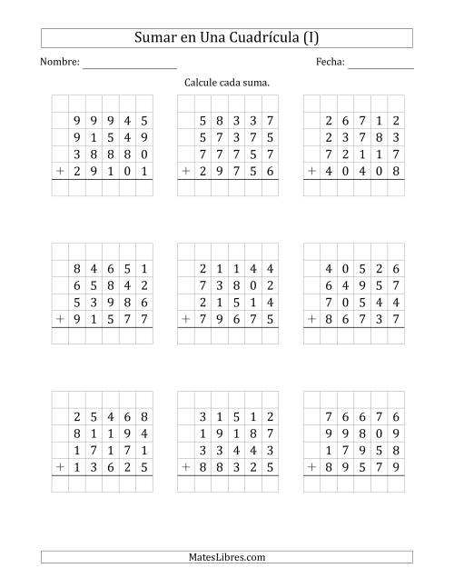 La hoja de ejercicios de Sumar Cuatro Números de Cinco Dígitos en Una Cuadrícula (I)