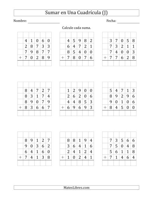 La hoja de ejercicios de Sumar Cuatro Números de Cinco Dígitos en Una Cuadrícula (J)