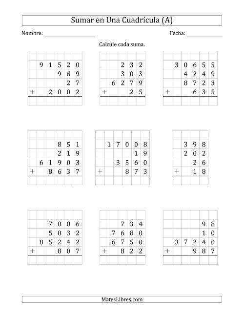 La hoja de ejercicios de Sumar Cuatro Números de Varios Dígitos en Una Cuadrícula (A)