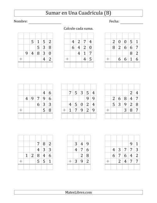 La hoja de ejercicios de Sumar Cuatro Números de Varios Dígitos en Una Cuadrícula (B)